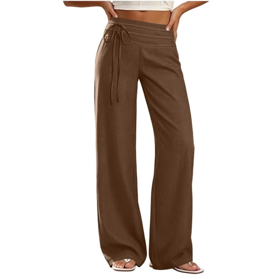 Costeam Womens Linen Feel Wide Leg Pants Double Layer Fold Over Drawstring High Waist Full Length Lightweight Wrinkle Friendly Loose Straight Casual Vacation Trousers