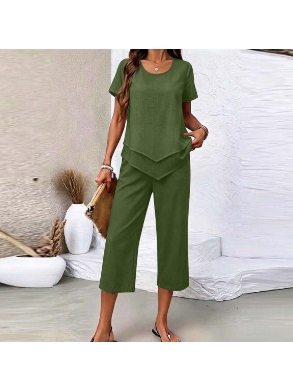 Womens Linen Textured 2 Piece Casual Outfits Crew Neck Short Sleeve Top Elastic Waist Capri Pants with Side Pockets Solid Color Loose Fit Lightweight Summer Daily Co Ord Set