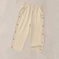 thumbnail image 1 of Costeam Womens Linen Textured Capri Pants Solid Color Elastic Waist with Side Pockets Side Button Detail Loose Fit Casual Cropped Trousers Soft Breathable Lightweight Calf Length Pants, 1 of 7
