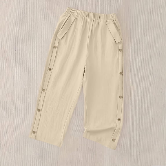 Costeam Womens Linen Textured Capri Pants Solid Color Elastic Waist with Side Pockets Side Button Detail Loose Fit Casual Cropped Trousers Soft Breathable Lightweight Calf Length Pants