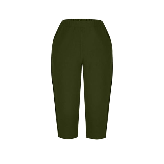Costeam Womens Linen Textured Capri Pants Solid Color Elastic Waist with Side Pockets Side Button Detail Loose Fit Casual Cropped Trousers Soft Breathable Lightweight Calf Length Pants