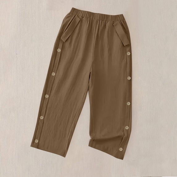 Costeam Womens Linen Textured Capri Pants Solid Color Elastic Waist with Side Pockets Side Button Detail Loose Fit Casual Cropped Trousers Soft Breathable Lightweight Calf Length Pants