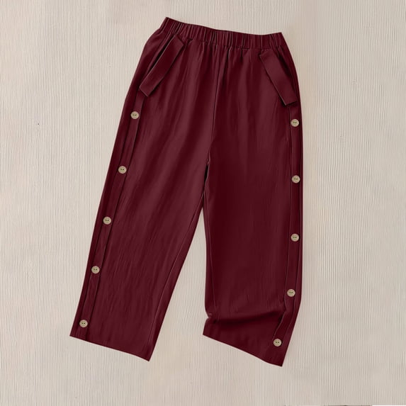 Costeam Womens Linen Textured Capri Pants Solid Color Elastic Waist with Side Pockets Side Button Detail Loose Fit Casual Cropped Trousers Soft Breathable Lightweight Calf Length Pants