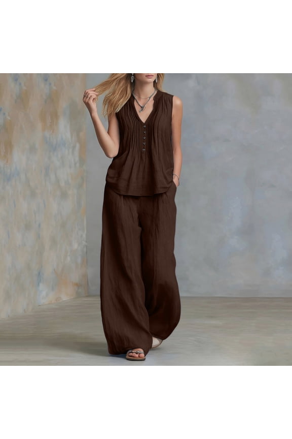 Womens Linen Two Piece Matching Outfit Sleeveless V Neck Pleated Button Front Tunic Top Side Slip Pockets Drawstring Elastic High Waist Wide Leg Pants Lightweight Loose Casual Vacation Set