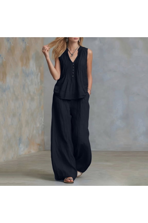 Womens Linen Two Piece Matching Outfit Sleeveless V Neck Pleated Button Front Tunic Top Side Slip Pockets Drawstring Elastic High Waist Wide Leg Pants Lightweight Loose Casual Vacation Set