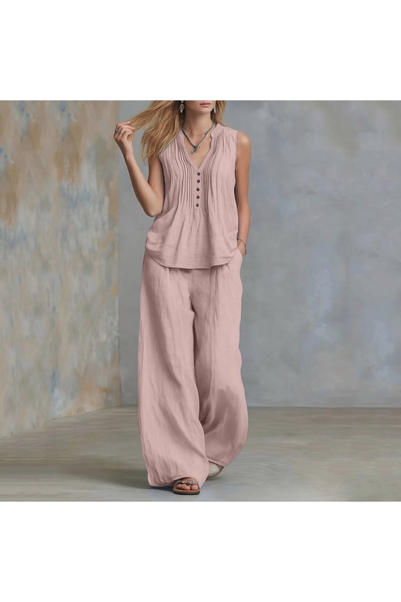 Womens Linen Two Piece Matching Outfit Sleeveless V Neck Pleated Button Front Tunic Top Side Slip Pockets Drawstring Elastic High Waist Wide Leg Pants Lightweight Loose Casual Vacation Set