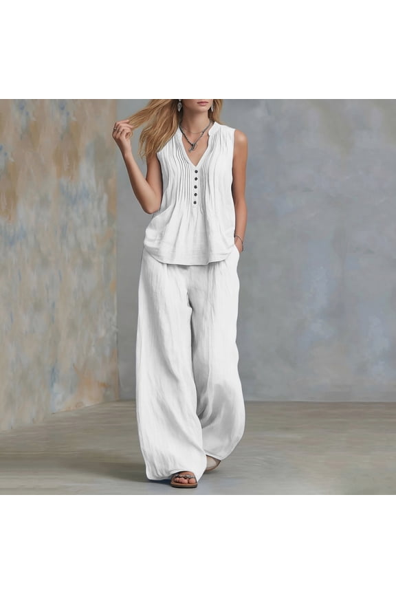 Womens Linen Two Piece Matching Outfit Sleeveless V Neck Pleated Button Front Tunic Top Side Slip Pockets Drawstring Elastic High Waist Wide Leg Pants Lightweight Loose Casual Vacation Set