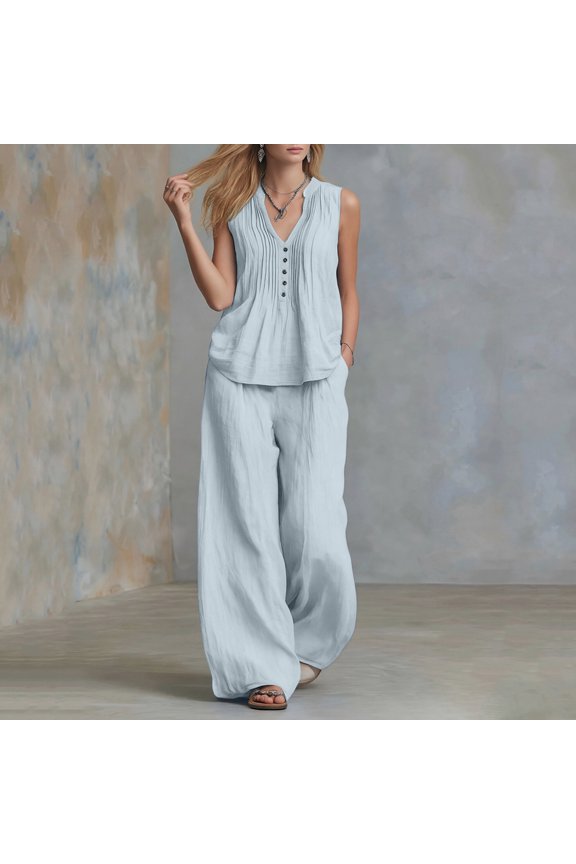 Womens Linen Two Piece Matching Outfit Sleeveless V Neck Pleated Button Front Tunic Top Side Slip Pockets Drawstring Elastic High Waist Wide Leg Pants Lightweight Loose Casual Vacation Set