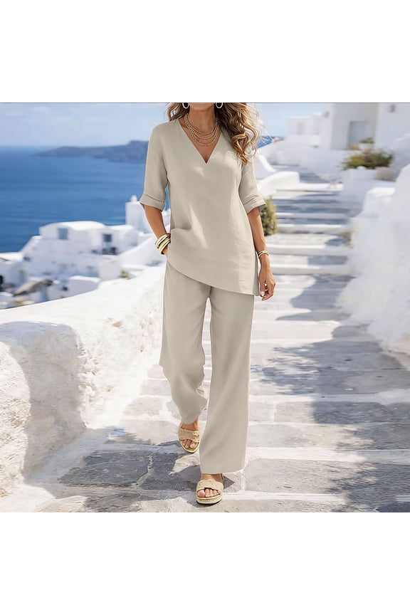 Womens Linen Two Piece Matching Outfit V Neck Roll Cuff Three Quarter Sleeve Asymmetrical Hem Tunic Top Side Slip Pockets Drawstring Elastic High Waist Wide Leg Pants Set