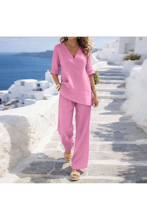 Womens Linen Two Piece Matching Outfit V Neck Roll Cuff Three Quarter Sleeve Asymmetrical Hem Tunic Top Side Slip Pockets Drawstring Elastic High Waist Wide Leg Pants Set