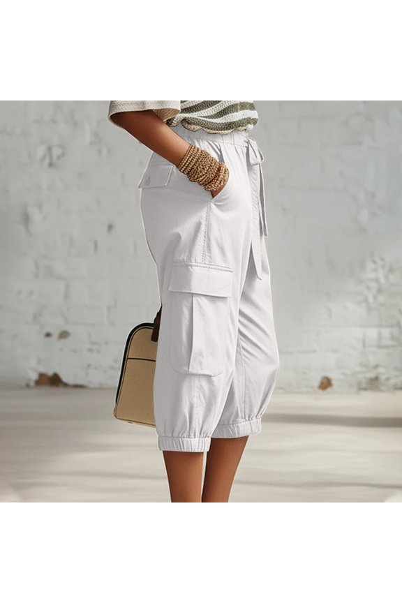 Womens Loose Fit Cargo Capri Pants Multi Functional Patch Pockets Elastic Drawstring Waist Relaxed Mid Knee Durable Twill Casual Cropped Trousers