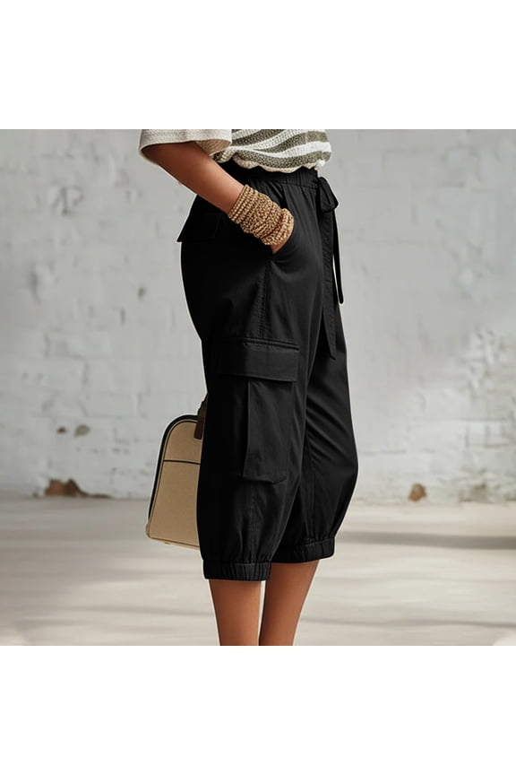 Womens Loose Fit Cargo Capri Pants Multi Functional Patch Pockets Elastic Drawstring Waist Relaxed Mid Knee Durable Twill Casual Cropped Trousers