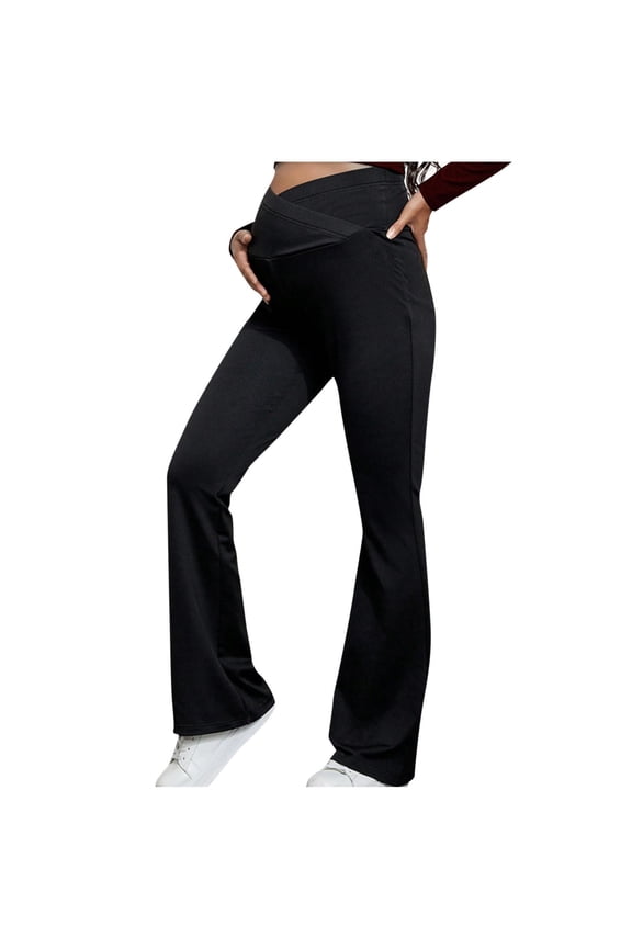 Womens Maternity Cross Over High Waist Flare Leggings Hidden Side Pockets Four Way Stretch Knit Solid Color Full Length Pregnancy Bootcut Trousers