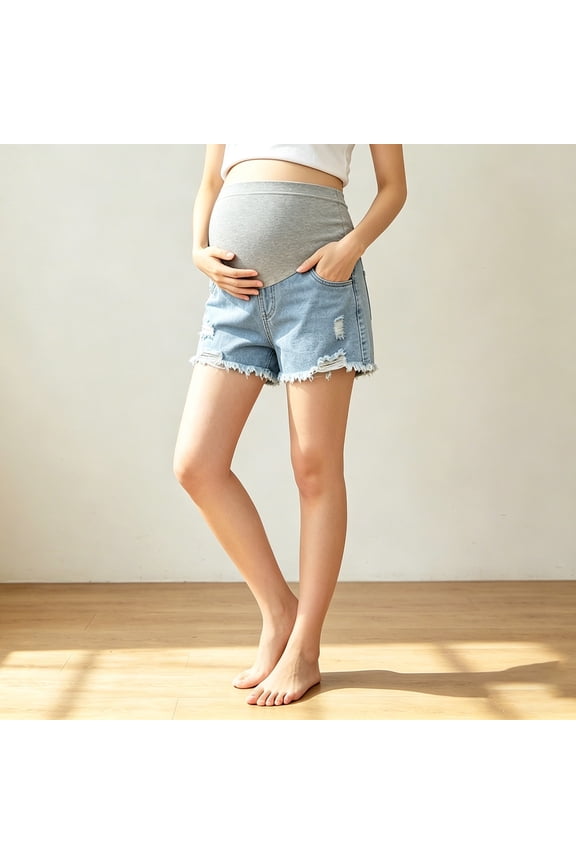 Womens Maternity High Rise Belly Support Ripped Denim Shorts Distressed Fray Side Slip Pockets Full Stretch Elastic Over Belly Waist Lightweight Loose Summer Casual Jean Bottoms