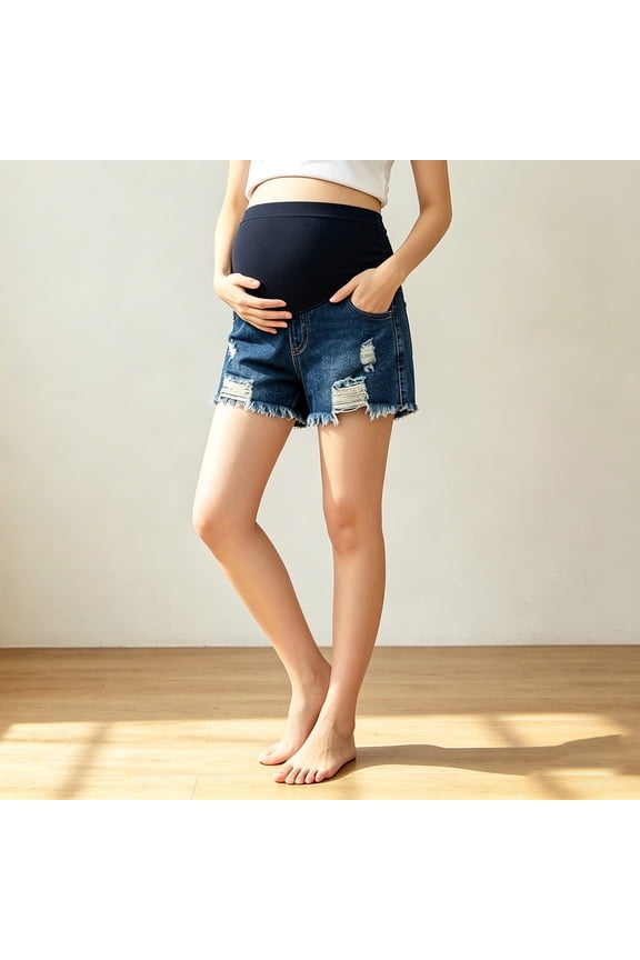 Womens Maternity High Rise Belly Support Ripped Denim Shorts Distressed Fray Side Slip Pockets Full Stretch Elastic Over Belly Waist Lightweight Loose Summer Casual Jean Bottoms