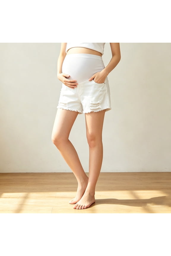 Womens Maternity High Rise Belly Support Ripped Denim Shorts Distressed Fray Side Slip Pockets Full Stretch Elastic Over Belly Waist Lightweight Loose Summer Casual Jean Bottoms