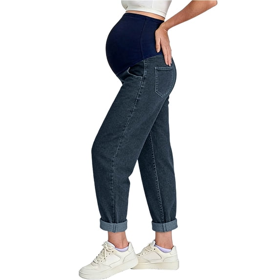Costeam Womens Maternity Jeans Full Panel Belly Support High Waist Cuffed Roll Hem Straight Leg Soft Washed Stretch Denim with Side Pockets Comfort Casual Pregnancy Long Trousers