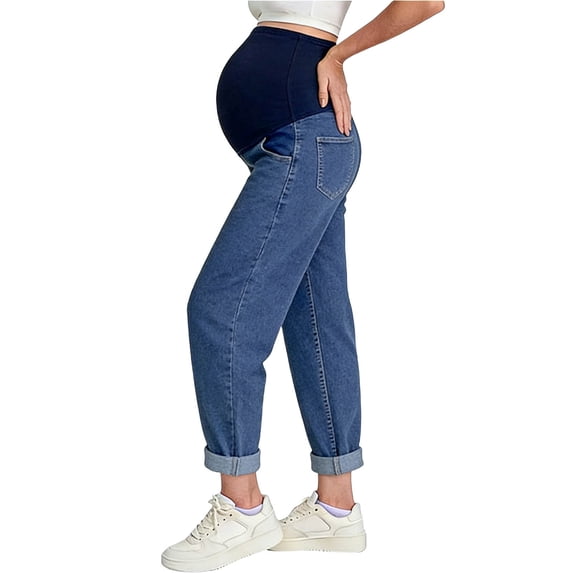 Costeam Womens Maternity Jeans Full Panel Belly Support High Waist Cuffed Roll Hem Straight Leg Soft Washed Stretch Denim with Side Pockets Comfort Casual Pregnancy Long Trousers
