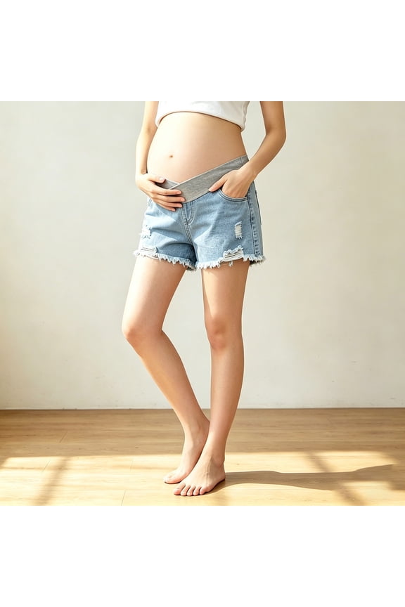 Womens Maternity Low Rise Ripped Denim Shorts Distressed Fray Detail Side Slip Pockets Soft Stretch Elastic Low Waist Lightweight Loose Summer Casual Jean Bottoms