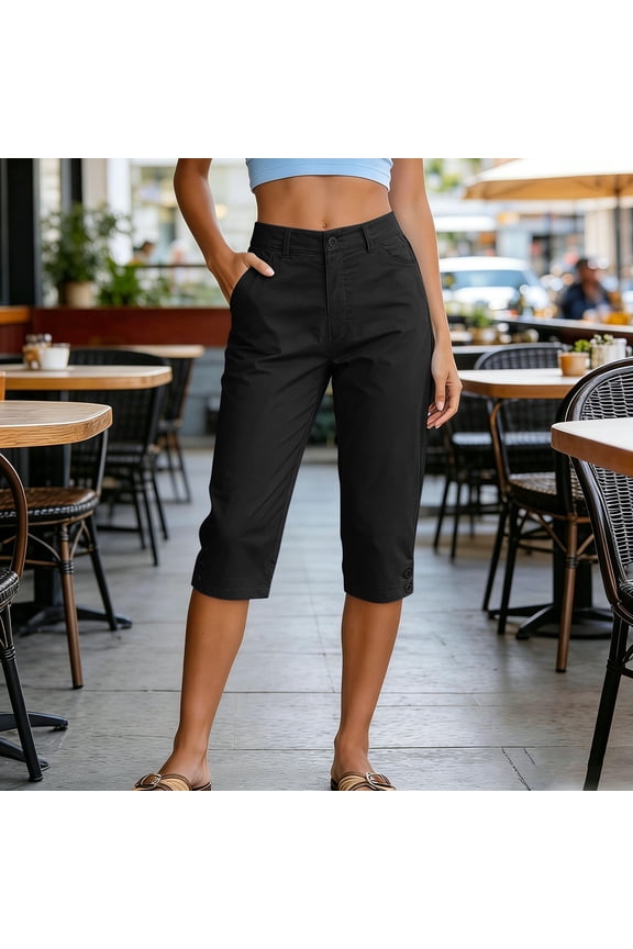 Womens Mid Rise Button Fly Capri Cargo Pants Side Button Cuff Detail With Side Pockets Twill Fabric Solid Color Straight Leg Cropped Casual Trousers
