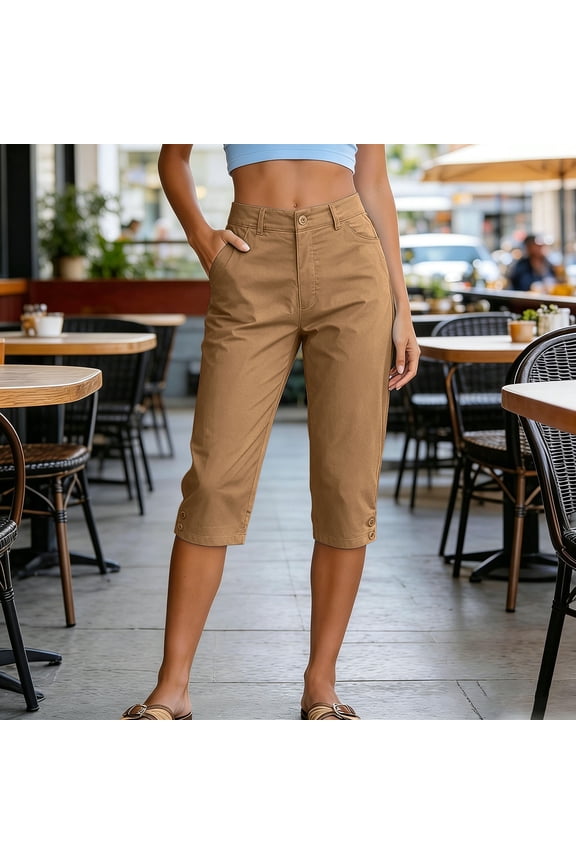 Womens Mid Rise Button Fly Capri Cargo Pants Side Button Cuff Detail With Side Pockets Twill Fabric Solid Color Straight Leg Cropped Casual Trousers