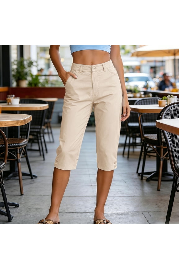 Womens Mid Rise Button Fly Capri Cargo Pants Side Button Cuff Detail With Side Pockets Twill Fabric Solid Color Straight Leg Cropped Casual Trousers