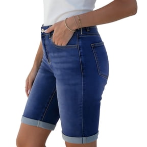 Costeam Womens Mid Rise Denim Bermuda Shorts Stretchy Rolled Cuff Knee Length Jean Shorts with Pockets Casual Slim Fit