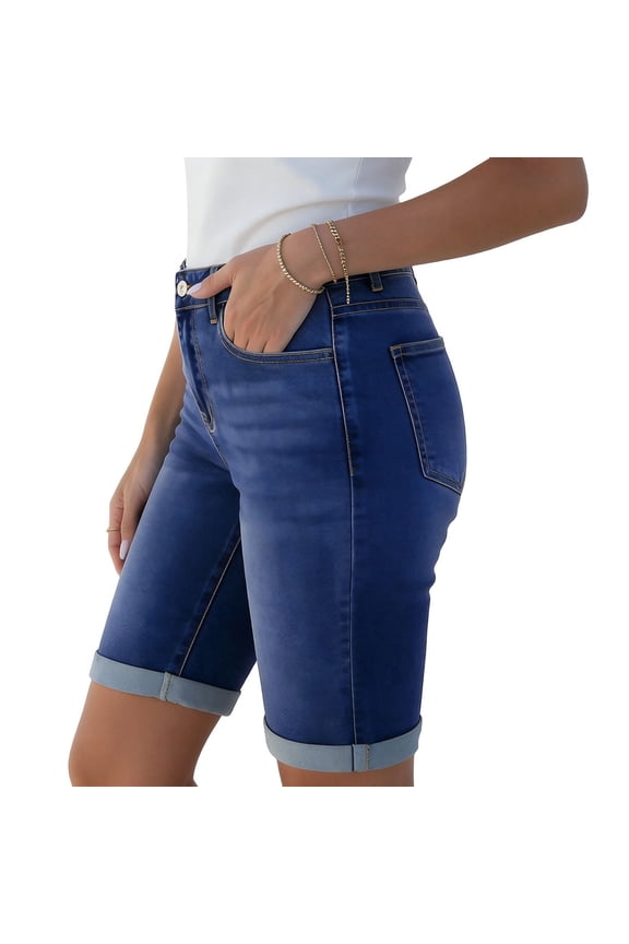 Womens Mid Rise Denim Bermuda Shorts Stretchy Rolled Cuff Knee Length Jean Shorts with Pockets Casual Slim Fit