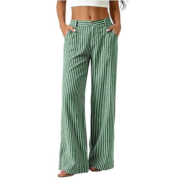 Costeam Womens Mid Rise Vertical Striped Wide Leg Pants Classic Front Patch Pockets Button Fly Waist Loose Full Length Casual Stripe Trousers
