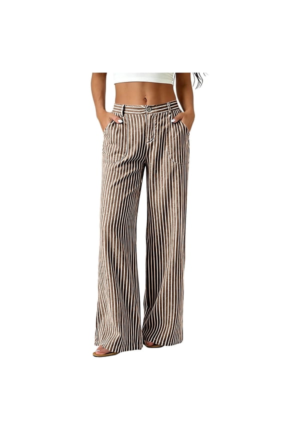 Womens Mid Rise Vertical Striped Wide Leg Pants Classic Front Patch Pockets Button Fly Waist Loose Full Length Casual Stripe Trousers