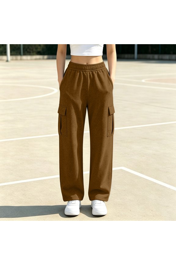 Womens Minimalist Cargo Wide Leg Sweatpants Elastic Drawstring Waist Dual Single Flap Pockets Smooth Soft Knit Straight Loose Fit Solid Color Everyday Athletic Trousers
