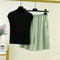 thumbnail image 1 of Costeam Womens Mock Neck Short Sleeve Top and Elastic Waist Wide Leg Capri Pants Two Piece Knit Loungewear Set Dual Side Pockets Relaxed Fit Solid Co Ord Outfit, 1 of 6