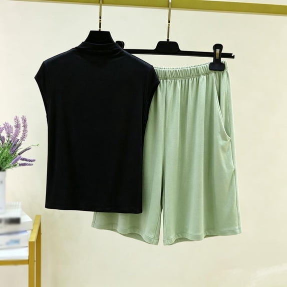 Costeam Womens Mock Neck Short Sleeve Top and Elastic Waist Wide Leg Capri Pants Two Piece Knit Loungewear Set Dual Side Pockets Relaxed Fit Solid Co Ord Outfit