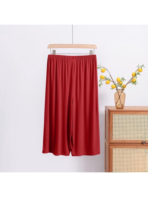Womens Modal Blend Stretch Capri Lounge Pants No Pockets Self Fabric Drawstring Full Elastic High Waist Wrinkle Resistant Loose Mid Calf Casual Cropped Trousers