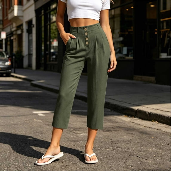 Costeam Womens Multi Button Pleated Front Linen Capri Pants Dual Side Slip Pockets Non Elastic High Waist Lightweight Wrinkle Resistant Loose Mid Calf Casual Cropped Trousers