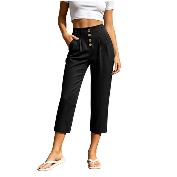 Costeam Womens Multi Button Pleated Front Linen Capri Pants Dual Side Slip Pockets Non Elastic High Waist Lightweight Wrinkle Resistant Loose Mid Calf Casual Cropped Trousers