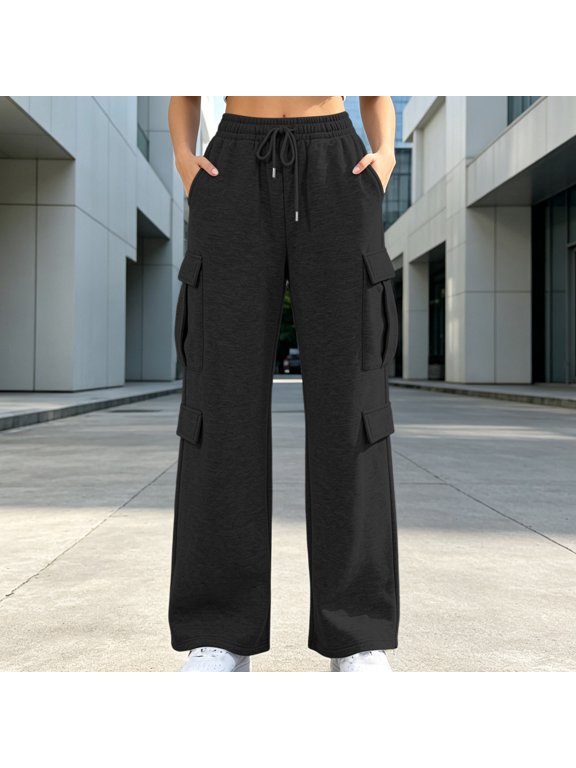 Womens Multi Flap Pocket Cargo Wide Leg Sweatpants Elastic Drawstring Waist Dual Side Tiered Pockets Soft Brushed Knit Straight Loose Fit Solid Color Casual Lounge Pants