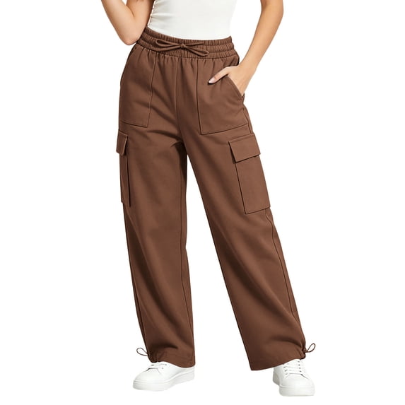 Costeam Womens Multi Side Cargo Pocket Wide Leg Jogger Pants Adjustable Drawstring Elastic High Waist Convertible Cuffed Ankle Soft Wrinkle Resistant Woven Fabric Loose Fit Trousers