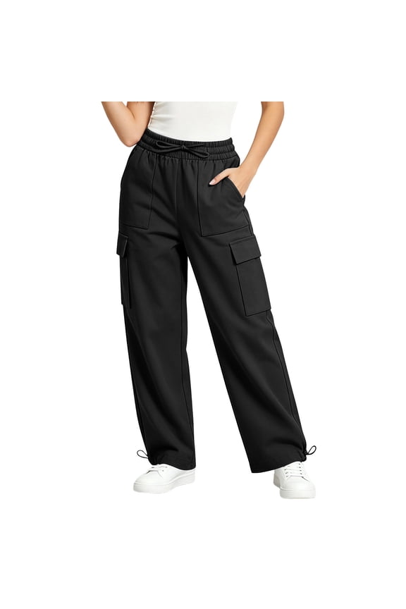 Womens Multi Side Cargo Pocket Wide Leg Jogger Pants Adjustable Drawstring Elastic High Waist Convertible Cuffed Ankle Soft Wrinkle Resistant Woven Fabric Loose Fit Trousers