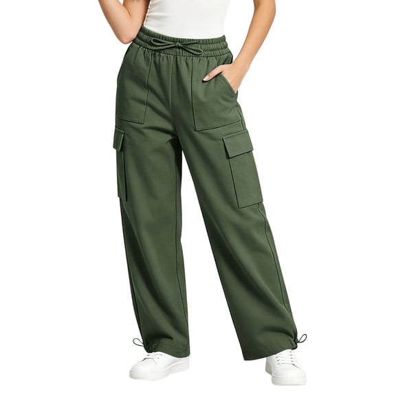 Costeam Womens Multi Side Cargo Pocket Wide Leg Jogger Pants Adjustable Drawstring Elastic High Waist Convertible Cuffed Ankle Soft Wrinkle Resistant Woven Fabric Loose Fit Trousers