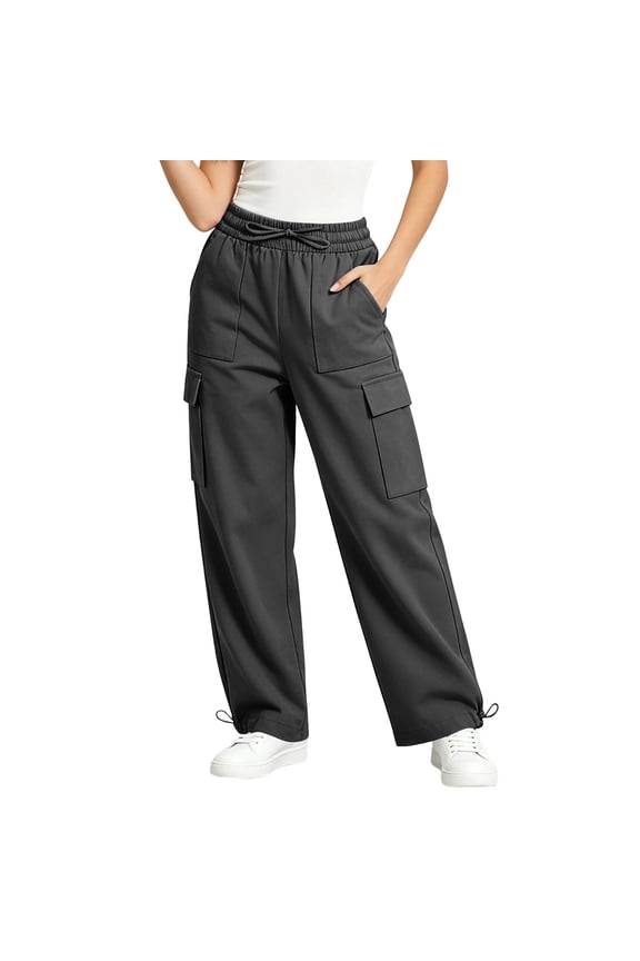 Womens Multi Side Cargo Pocket Wide Leg Jogger Pants Adjustable Drawstring Elastic High Waist Convertible Cuffed Ankle Soft Wrinkle Resistant Woven Fabric Loose Fit Trousers