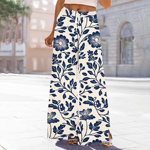 Costeam Womens Navy Floral Print Wide Leg Pants Dual Side Hidden Hand Pockets Adjustable Drawstring Elastic High Waist Side Slit Loose Flow Lightweight Summer Casual Long Trousers