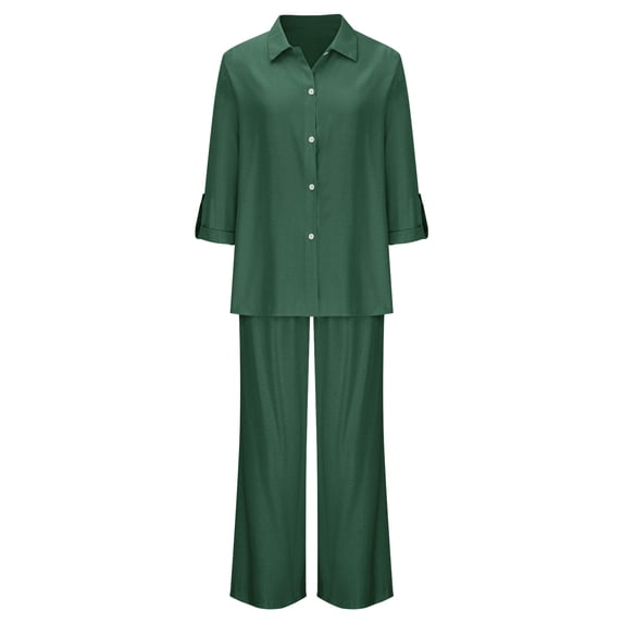Costeam Womens Notch Collar Short Sleeve Shirt and Wide Leg Pants 2 Piece Matching Set Dual Side Hand Pockets Drawstring Elastic High Waist Loose Flow Full Length Breathable Outfit