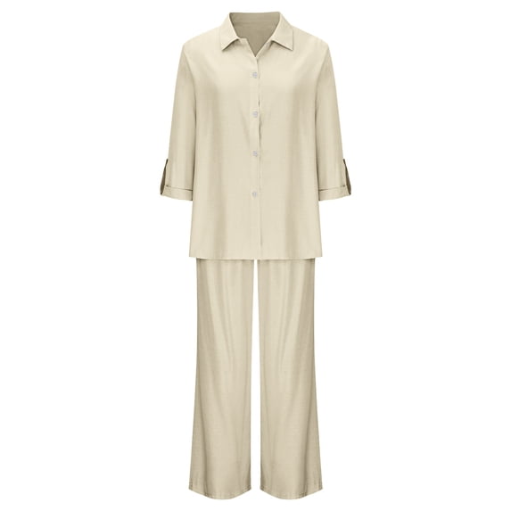Costeam Womens Notch Collar Short Sleeve Shirt and Wide Leg Pants 2 Piece Matching Set Dual Side Hand Pockets Drawstring Elastic High Waist Loose Flow Full Length Breathable Outfit