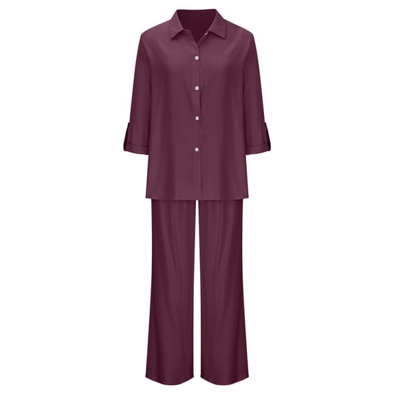 Costeam Womens Notch Collar Short Sleeve Shirt and Wide Leg Pants 2 Piece Matching Set Dual Side Hand Pockets Drawstring Elastic High Waist Loose Flow Full Length Breathable Outfit