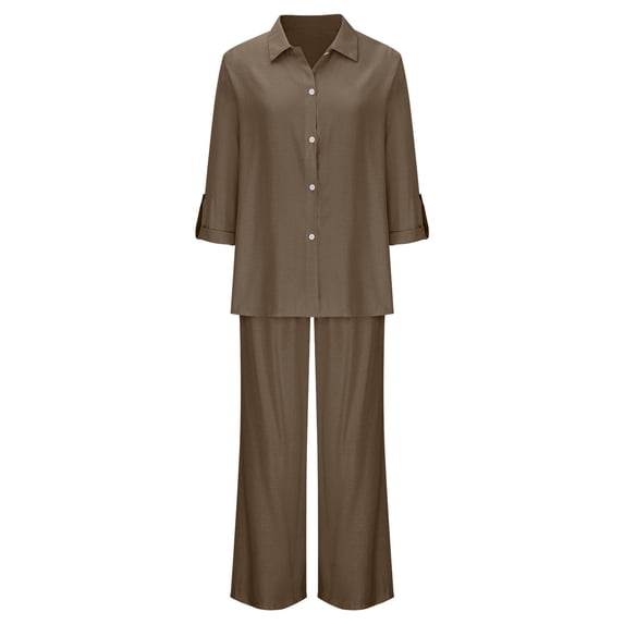 Costeam Womens Notch Collar Short Sleeve Shirt and Wide Leg Pants 2 Piece Matching Set Dual Side Hand Pockets Drawstring Elastic High Waist Loose Flow Full Length Breathable Outfit