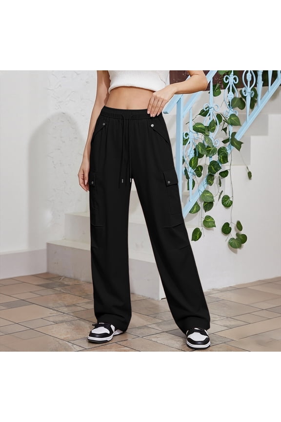 Womens Parachute Cargo Pants Rivet Flap Multi Pockets Drawstring Elastic High Waist Loose Wide Leg Lightweight Wind Resistant Relaxed Fit Straight Long Utility Trousers