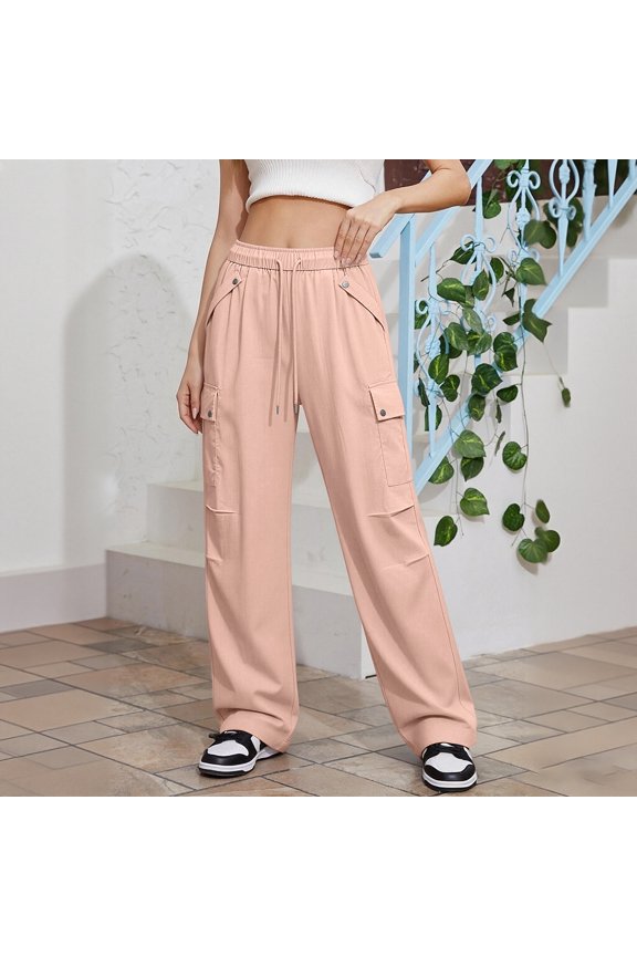 Womens Parachute Cargo Pants Rivet Flap Multi Pockets Drawstring Elastic High Waist Loose Wide Leg Lightweight Wind Resistant Relaxed Fit Straight Long Utility Trousers