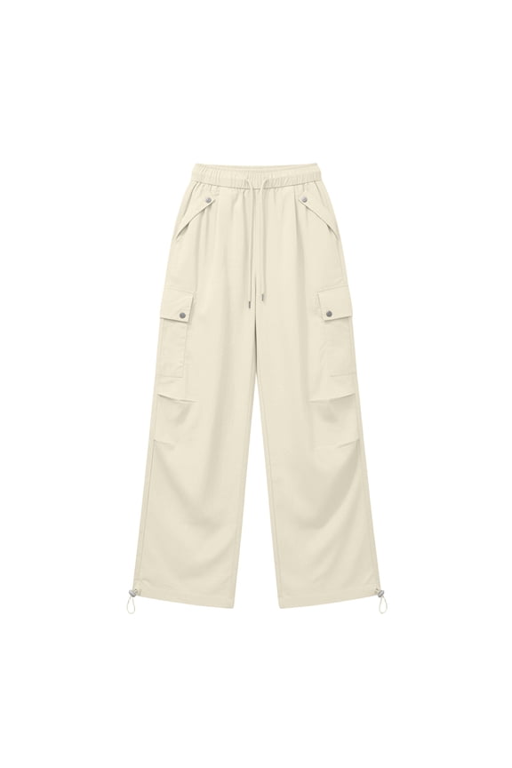 Womens Parachute Cargo Pants Rivet Flap Multi Pockets Drawstring Elastic High Waist Loose Wide Leg Lightweight Wind Resistant Relaxed Fit Straight Long Utility Trousers
