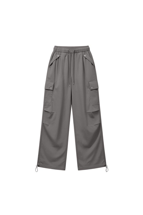 Womens Parachute Cargo Pants Rivet Flap Multi Pockets Drawstring Elastic High Waist Loose Wide Leg Lightweight Wind Resistant Relaxed Fit Straight Long Utility Trousers